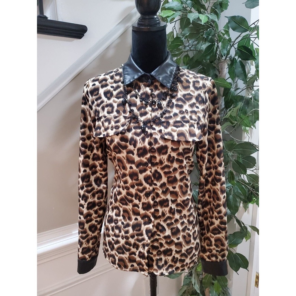 SHEIN Brown Animal Print Faux Leather Collar & Sleeve Button Down Shirt Size 4